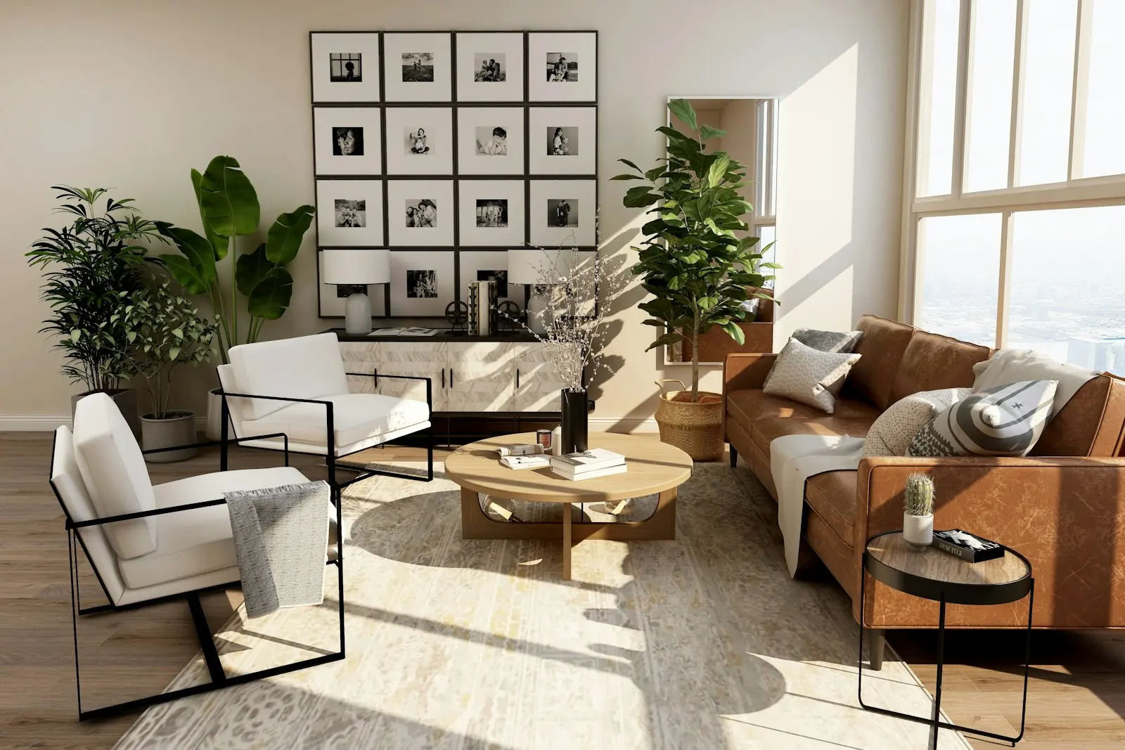 A furnished living room with daylight from tall windows